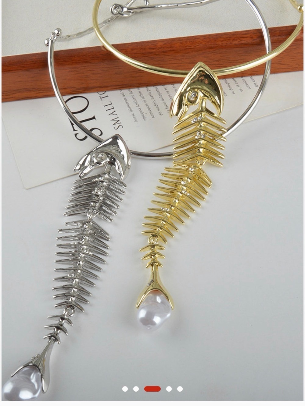 Gold Fishbone Pendant Necklaces with Pearl Drop - Women Jewelry